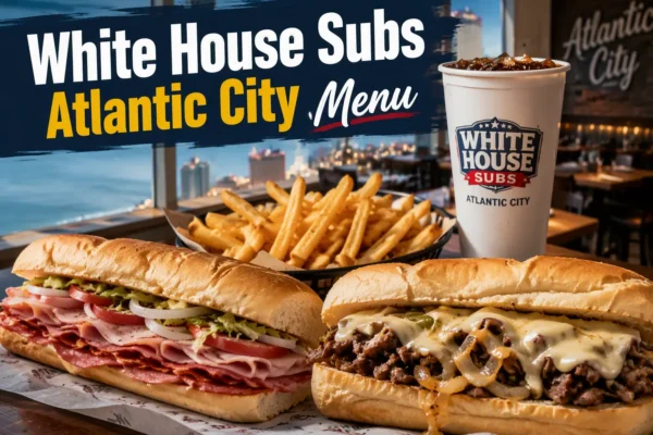 White House Subs Atlantic City Menu showing Italian sub, cheesesteak, fries, and drink options