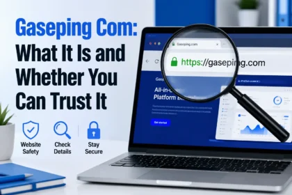 Person checking the gaseping com website address on a laptop screen with a green padlock in the browser bar