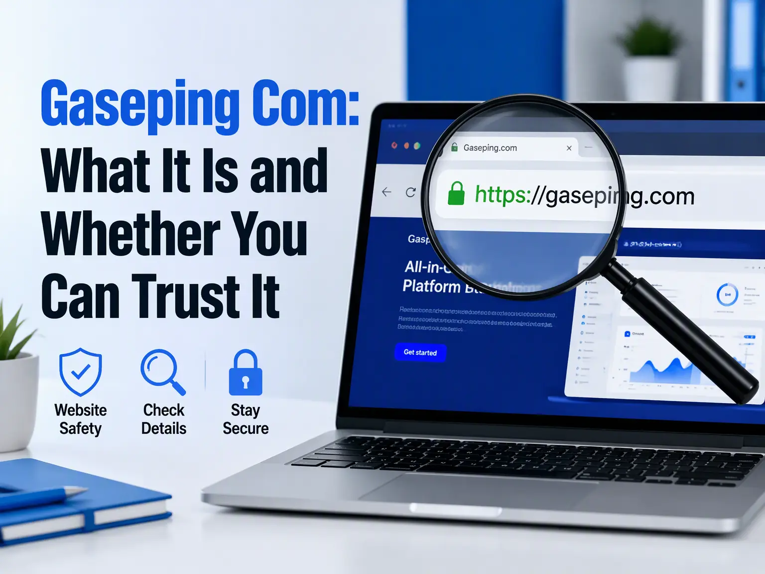 Person checking the gaseping com website address on a laptop screen with a green padlock in the browser bar