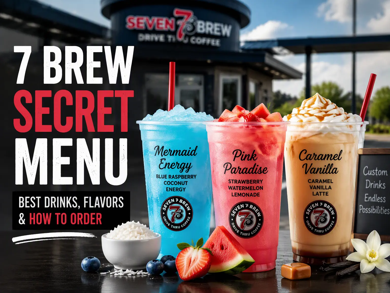 7 Brew Secret Menu featuring colorful custom drinks and popular flavor combinations