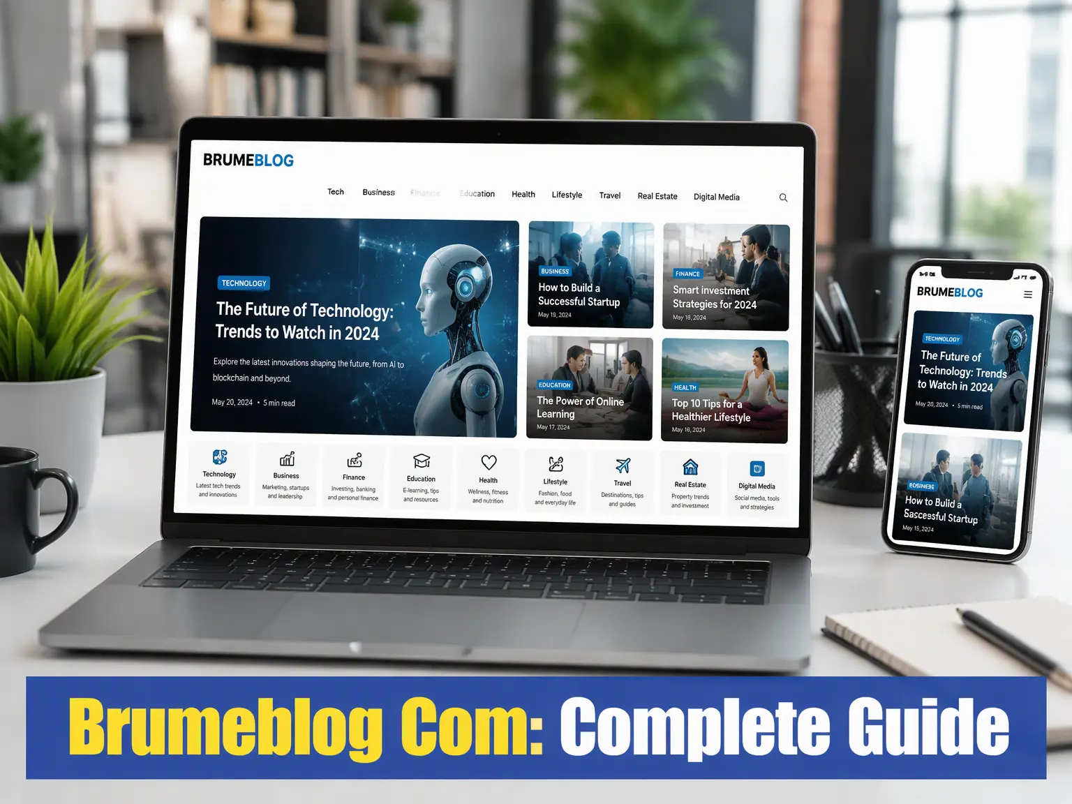 Brumeblog com digital magazine showing technology, business, lifestyle, finance, and travel content categories