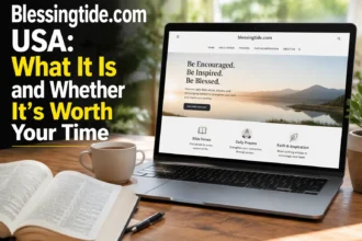 Blessingtide.com USA guide showing a laptop with a faith and blessings website open on a sunny wooden desk