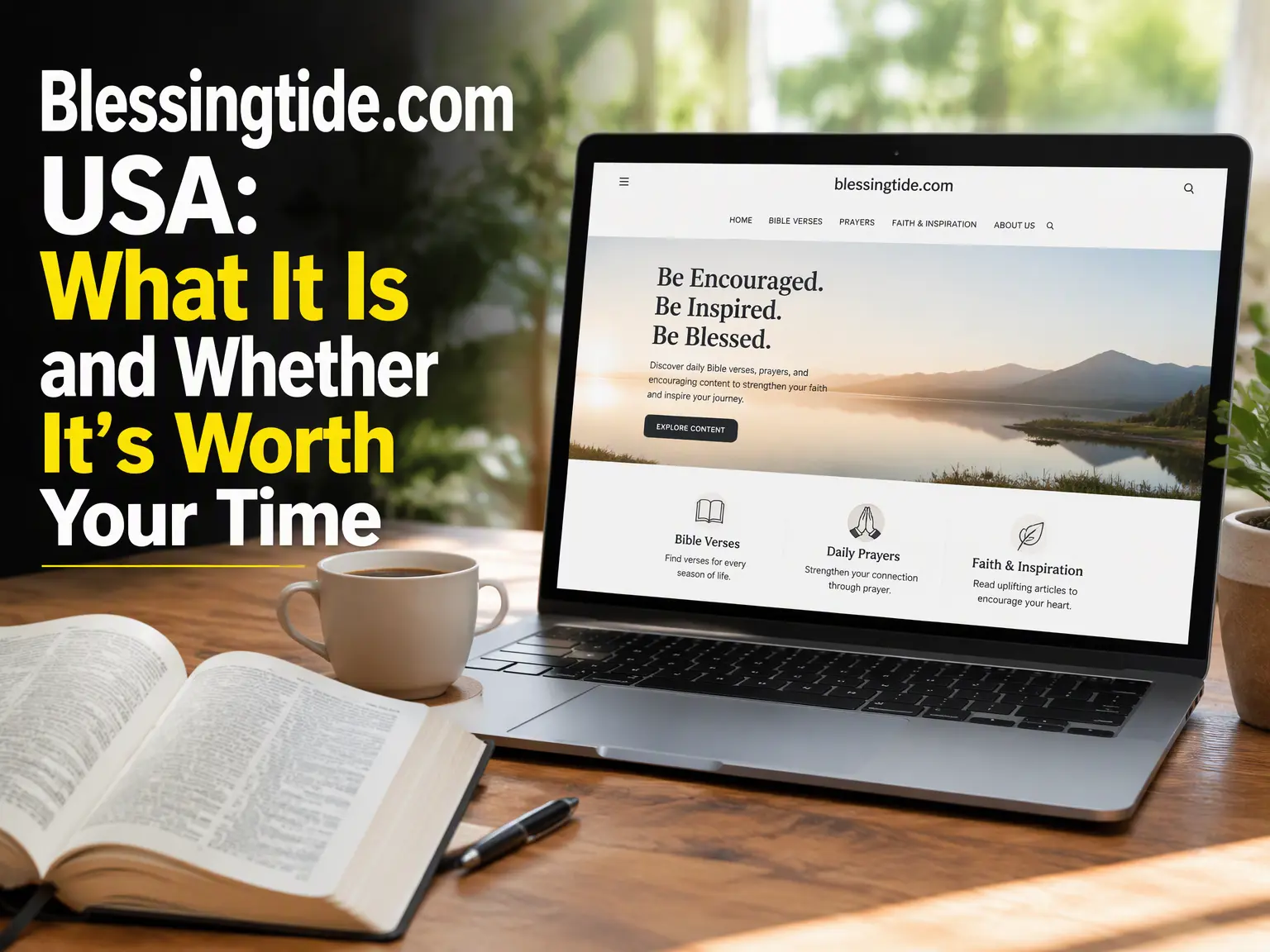 Blessingtide.com USA guide showing a laptop with a faith and blessings website open on a sunny wooden desk
