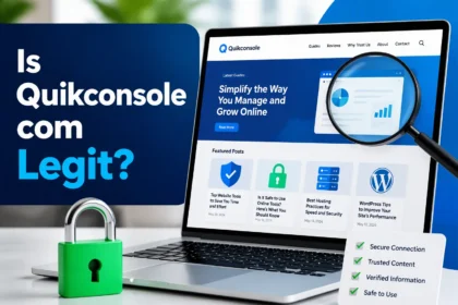 Quikconsole com homepage on a laptop with a magnifying glass and padlock icon for a website safety check