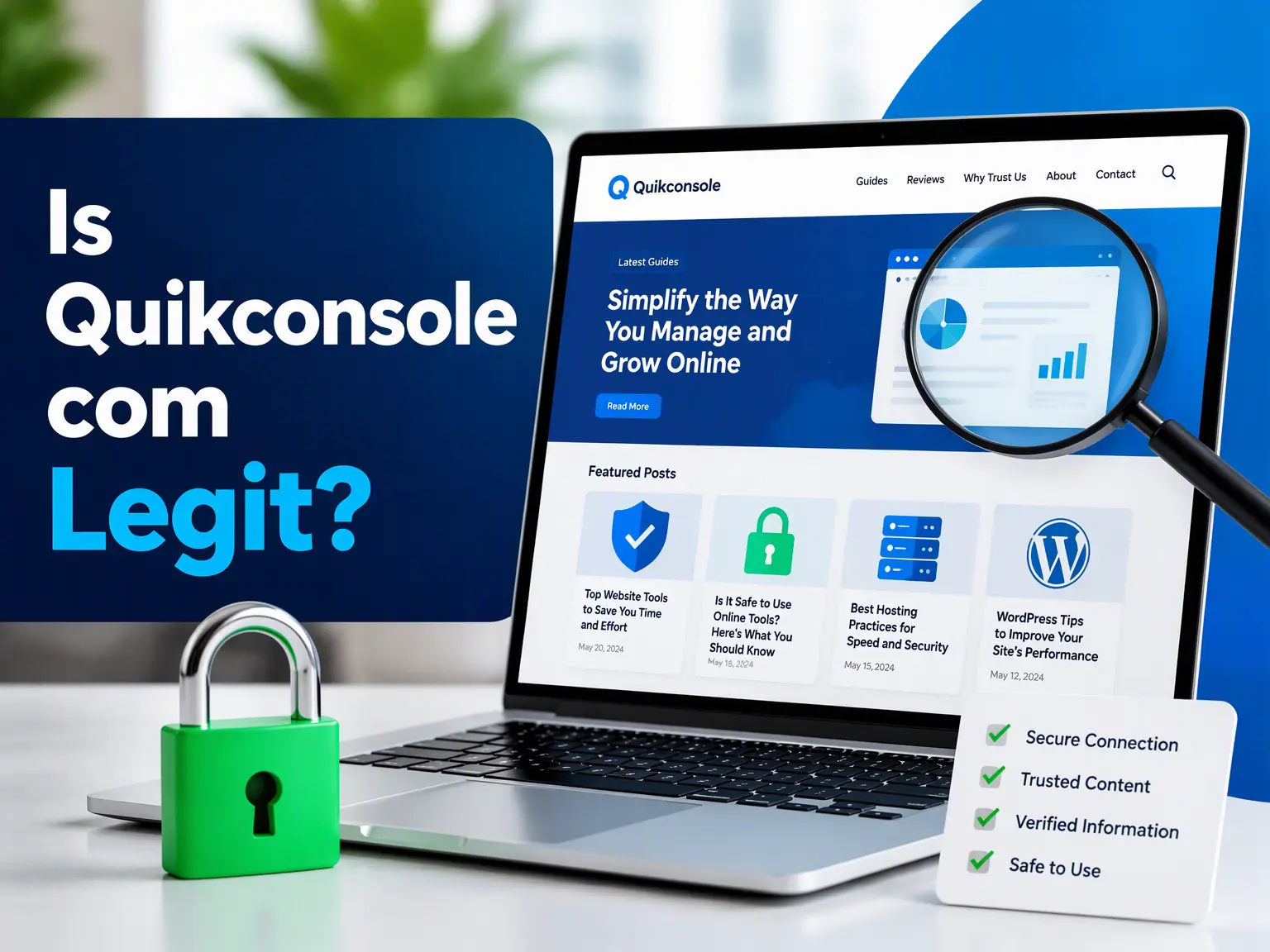 Quikconsole com homepage on a laptop with a magnifying glass and padlock icon for a website safety check