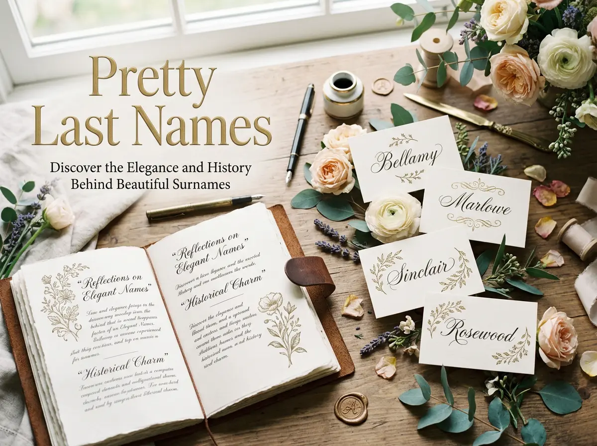 Pretty last names featuring elegant, romantic, cute, rare, and nature-inspired surname ideas for characters and naming inspiration.