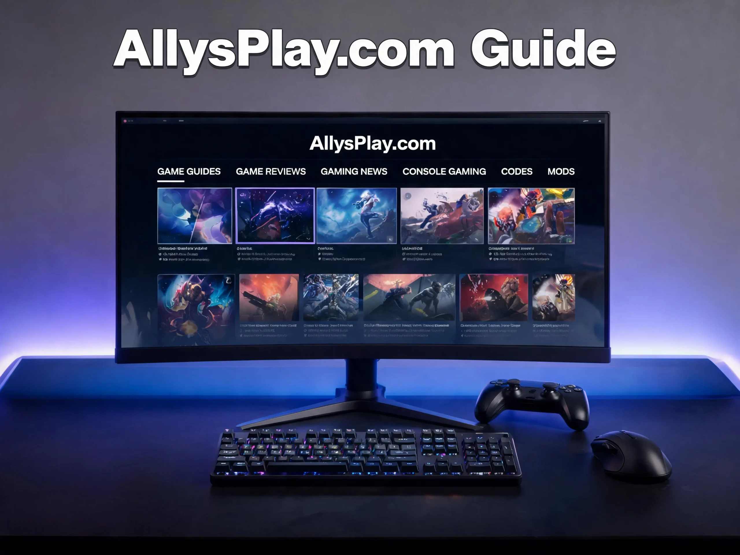 AllysPlay.com gaming guide showing reviews, news, guides, codes, mods, and safe browsing tips for players