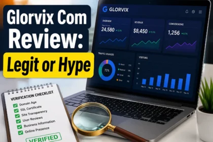 Glorvix com review illustration showing a laptop with SEO analytics and a verification checklist on a desk
