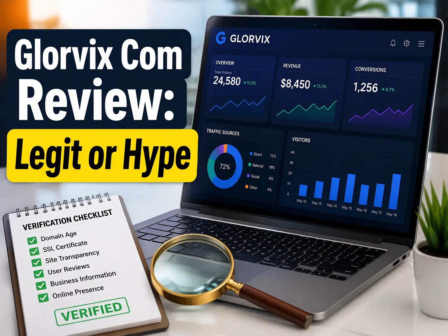 Glorvix com review illustration showing a laptop with SEO analytics and a verification checklist on a desk
