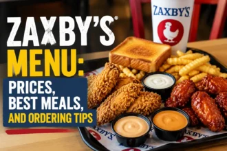 Zaxby's menu favorites including Chicken Fingerz, wings, Texas toast, and crinkle fries served on a tray