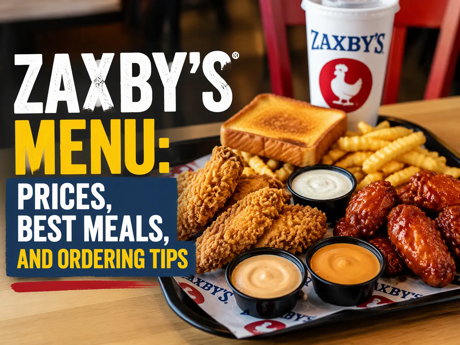 Zaxby's menu favorites including Chicken Fingerz, wings, Texas toast, and crinkle fries served on a tray