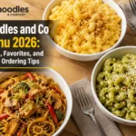 Noodles and co menu favorites including mac and cheese, Japanese pan noodles, and pesto cavatappi in bowls