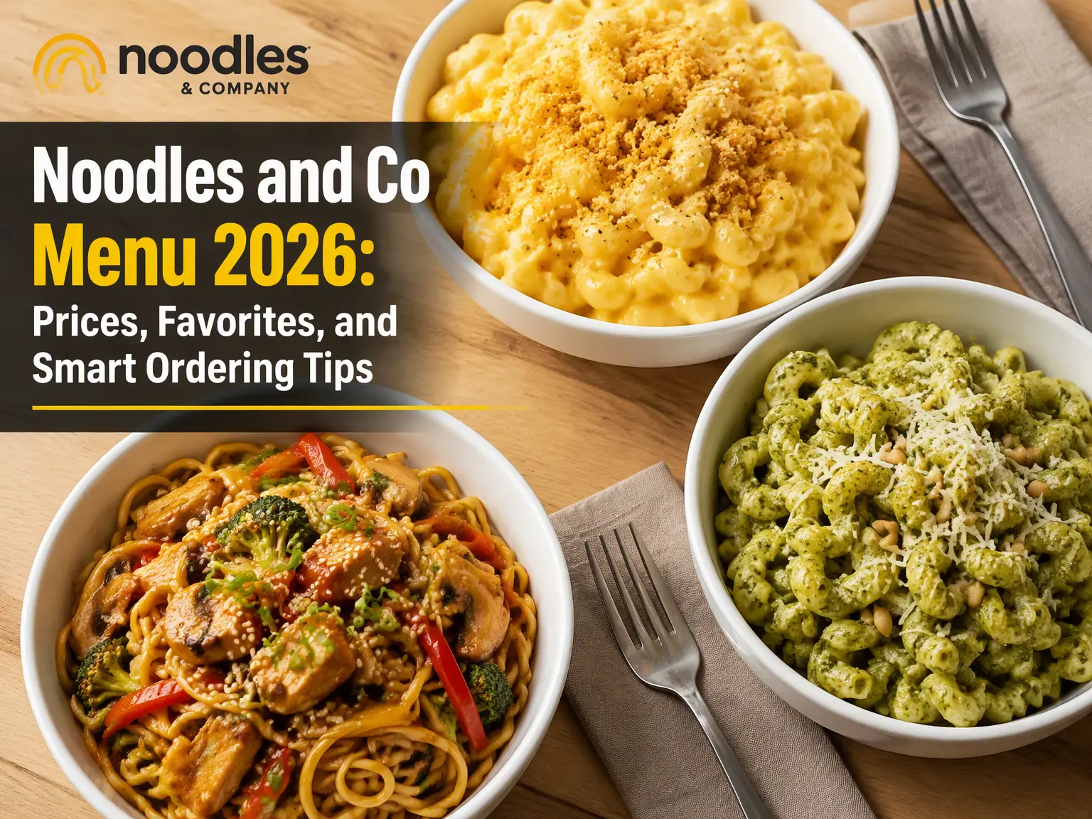 Noodles and co menu favorites including mac and cheese, Japanese pan noodles, and pesto cavatappi in bowls