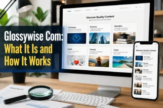Glossywise com website guide showing online articles, research topics, and digital content categories for readers