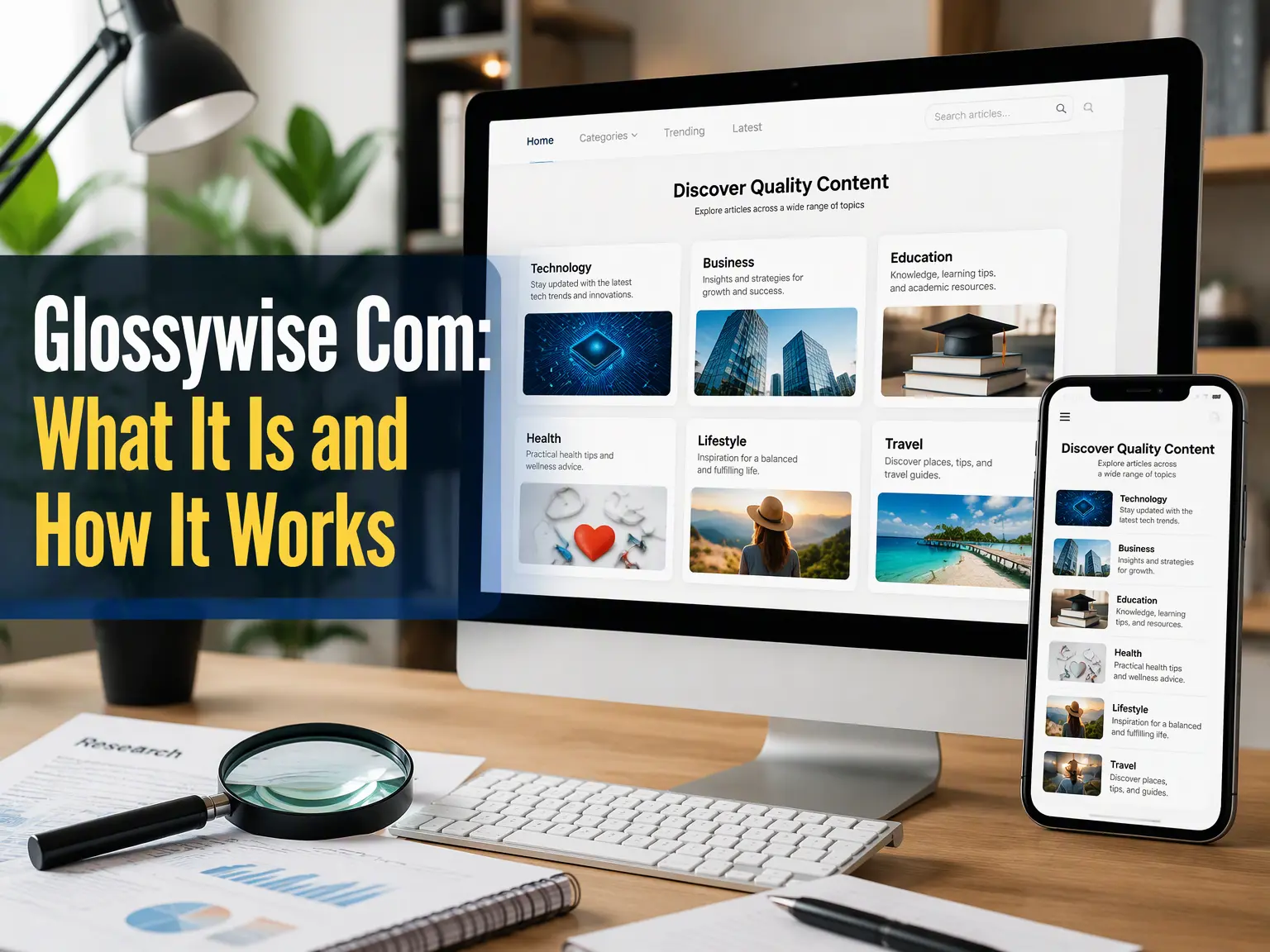 Glossywise com website guide showing online articles, research topics, and digital content categories for readers