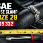 SAE hose clamp size 28 165 332 guide showing a stainless steel worm-drive clamp on a radiator hose fitting