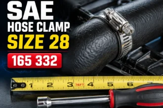 SAE hose clamp size 28 165 332 guide showing a stainless steel worm-drive clamp on a radiator hose fitting