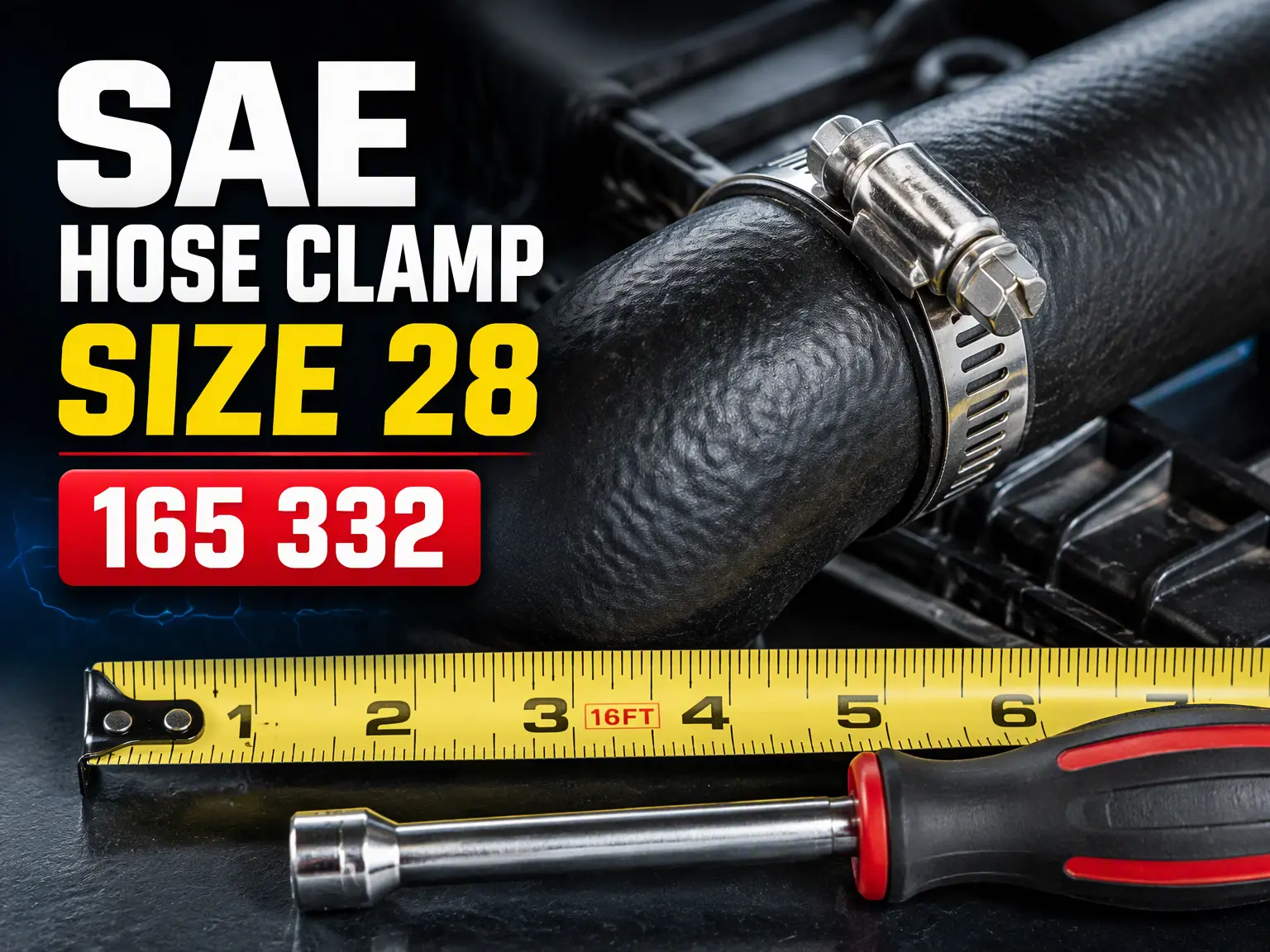 SAE hose clamp size 28 165 332 guide showing a stainless steel worm-drive clamp on a radiator hose fitting