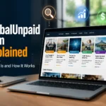 GlobalUnpaid com website shown on a laptop with business, finance, and technology article categories and traffic icons