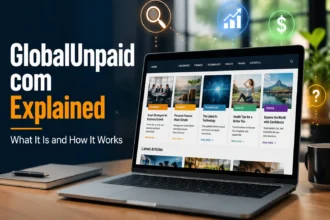 GlobalUnpaid com website shown on a laptop with business, finance, and technology article categories and traffic icons