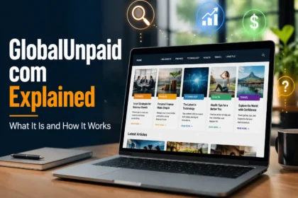 GlobalUnpaid com website shown on a laptop with business, finance, and technology article categories and traffic icons