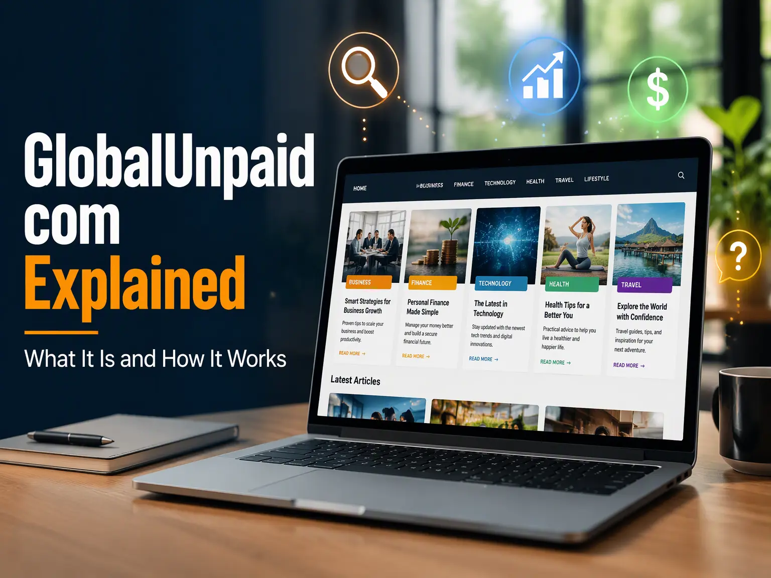 GlobalUnpaid com website shown on a laptop with business, finance, and technology article categories and traffic icons