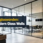 Volglaswanden in a modern office with full-height glass partitions, natural light, slim frames, and a clean interior design.