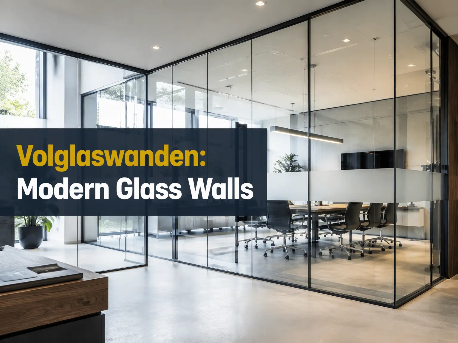 Volglaswanden in a modern office with full-height glass partitions, natural light, slim frames, and a clean interior design.