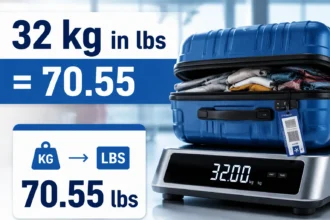 32 kg in lbs conversion chart showing 70.55 pounds beside a digital scale and a packed travel suitcase