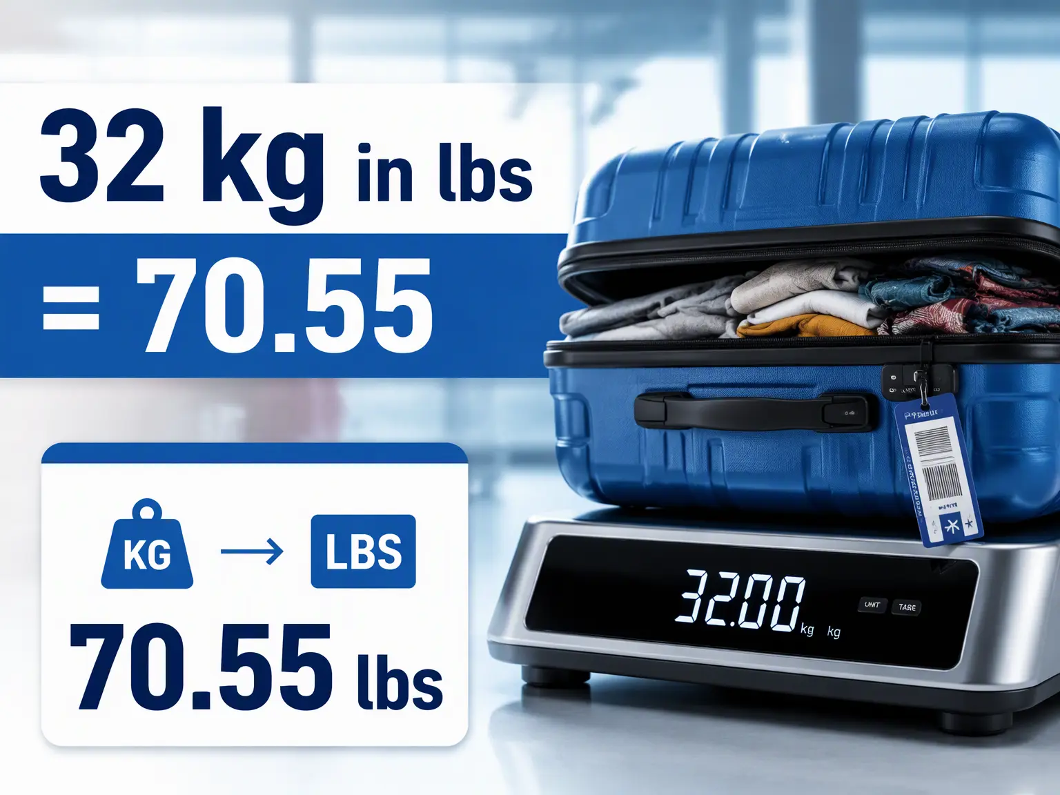 32 kg in lbs conversion chart showing 70.55 pounds beside a digital scale and a packed travel suitcase