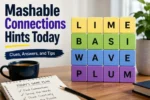 Mashable Connections Hints Today with colorful word tiles, daily puzzle clues, and a clean word game layout.