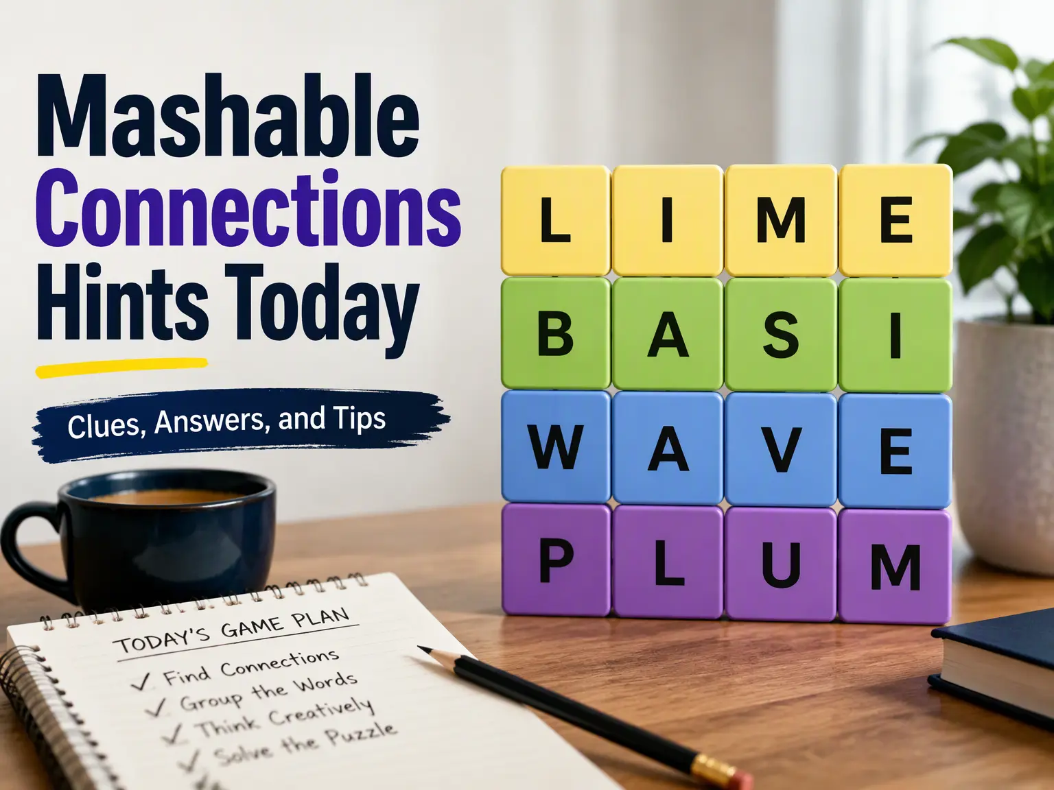 Mashable Connections Hints Today with colorful word tiles, daily puzzle clues, and a clean word game layout.
