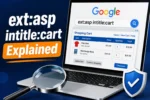 ext:asp intitle:cart search query shown on a laptop screen beside a legacy ASP shopping cart page diagram