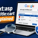 ext:asp intitle:cart search query shown on a laptop screen beside a legacy ASP shopping cart page diagram