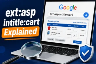 ext:asp intitle:cart search query shown on a laptop screen beside a legacy ASP shopping cart page diagram